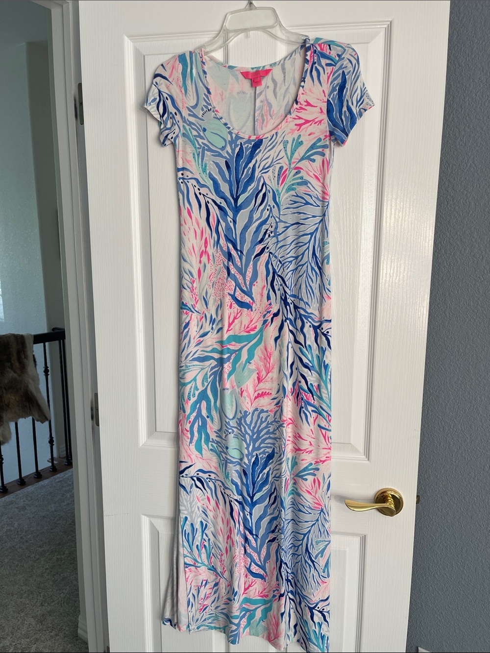 Lilly Pulitzer Blue Pink Mint Coral Print Short Sleeve Maxi Dress